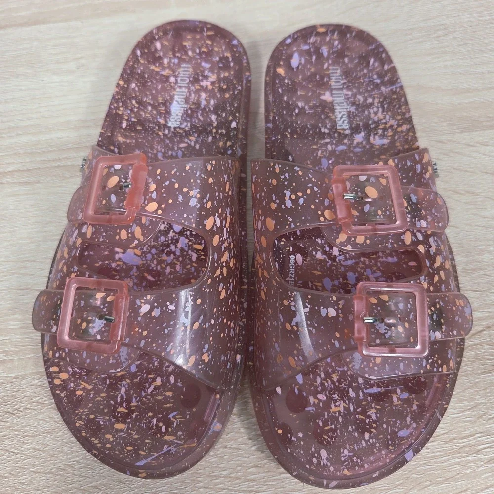 Mini Melissa Cosmic Splash Double Buckle Jelly‎ Slides Kids Size 34 Glitter...